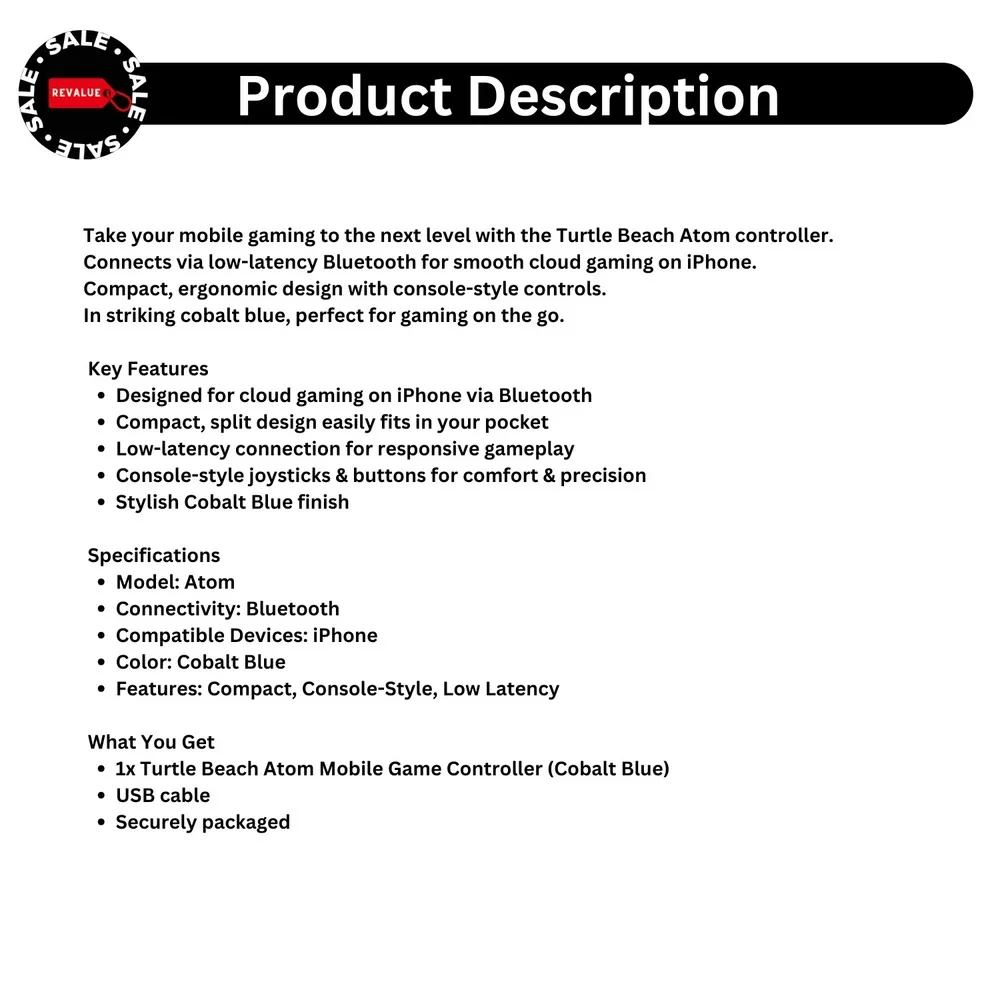 Turtle Beach Atom Mobile Game Controller Bluetooth‎ for iPhone Low Latency Blue